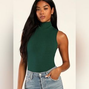 Lulus Wilde Green Ribbed Sleeveless Mock Neck Bodysuit, Size Small